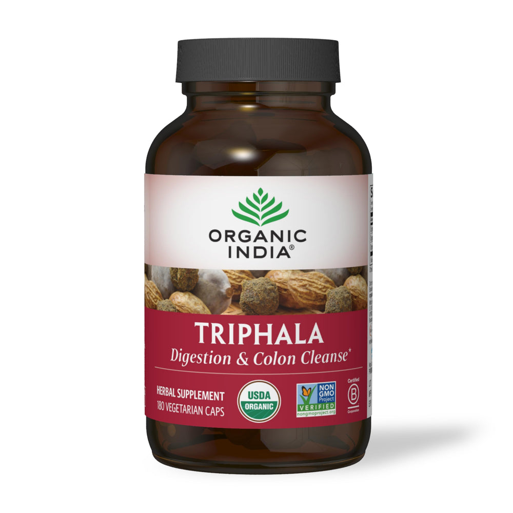 Organic India Triphala capsules bottle front, gentle digestive support option.