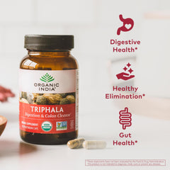 Organic India Triphala capsules close up highlighting pure triphala