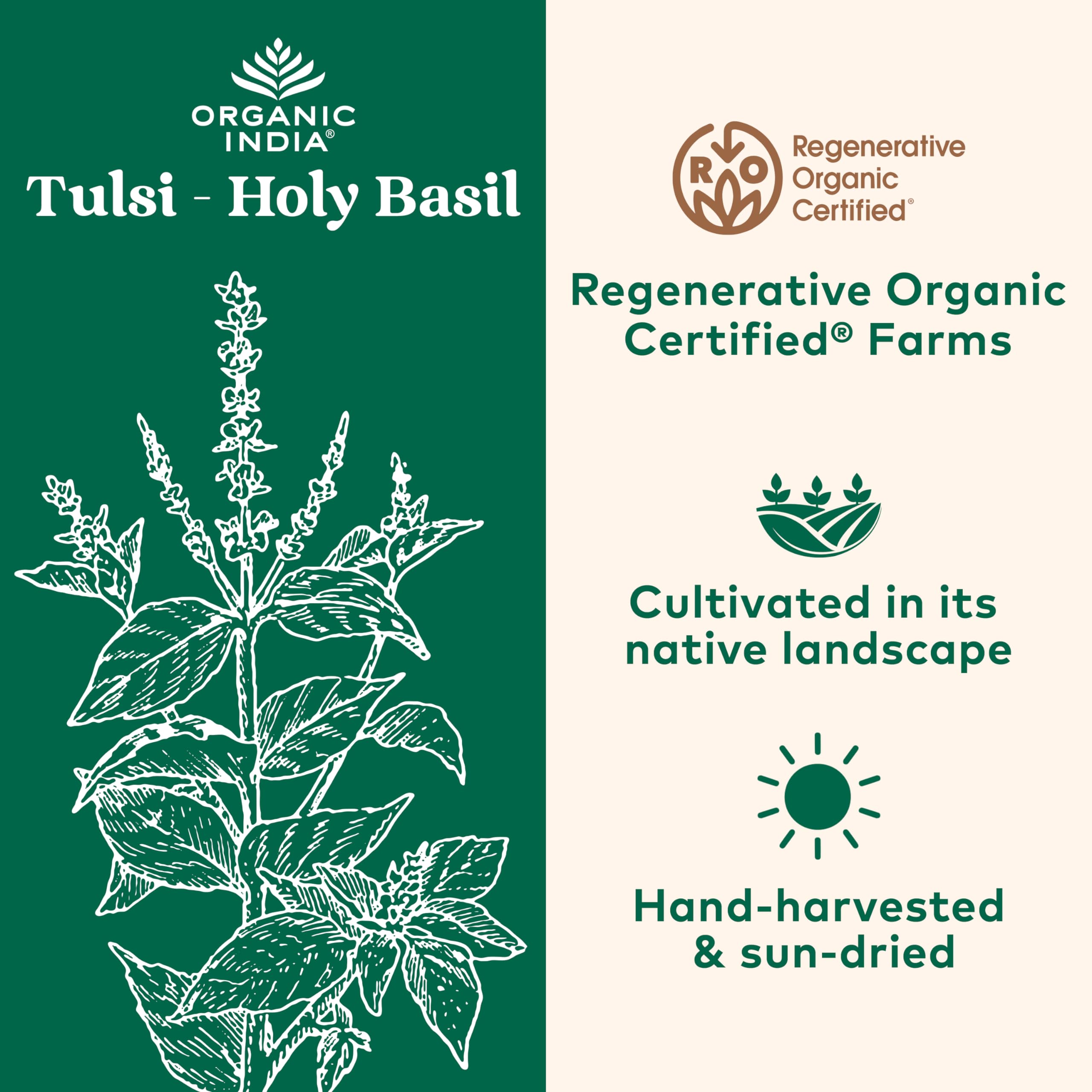 Organic India Tulsi capsules close-up, easy adaptogen daily option.