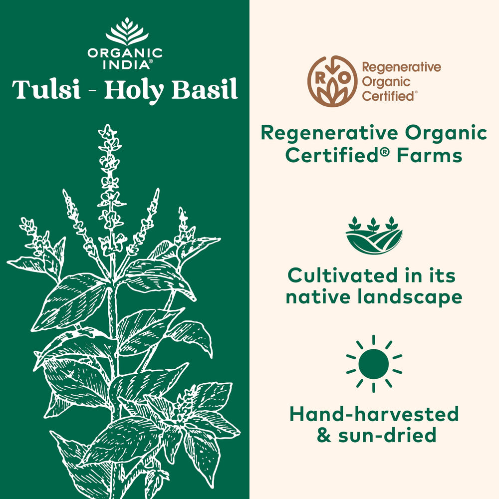 Organic India Tulsi capsules close-up, easy adaptogen daily option.
