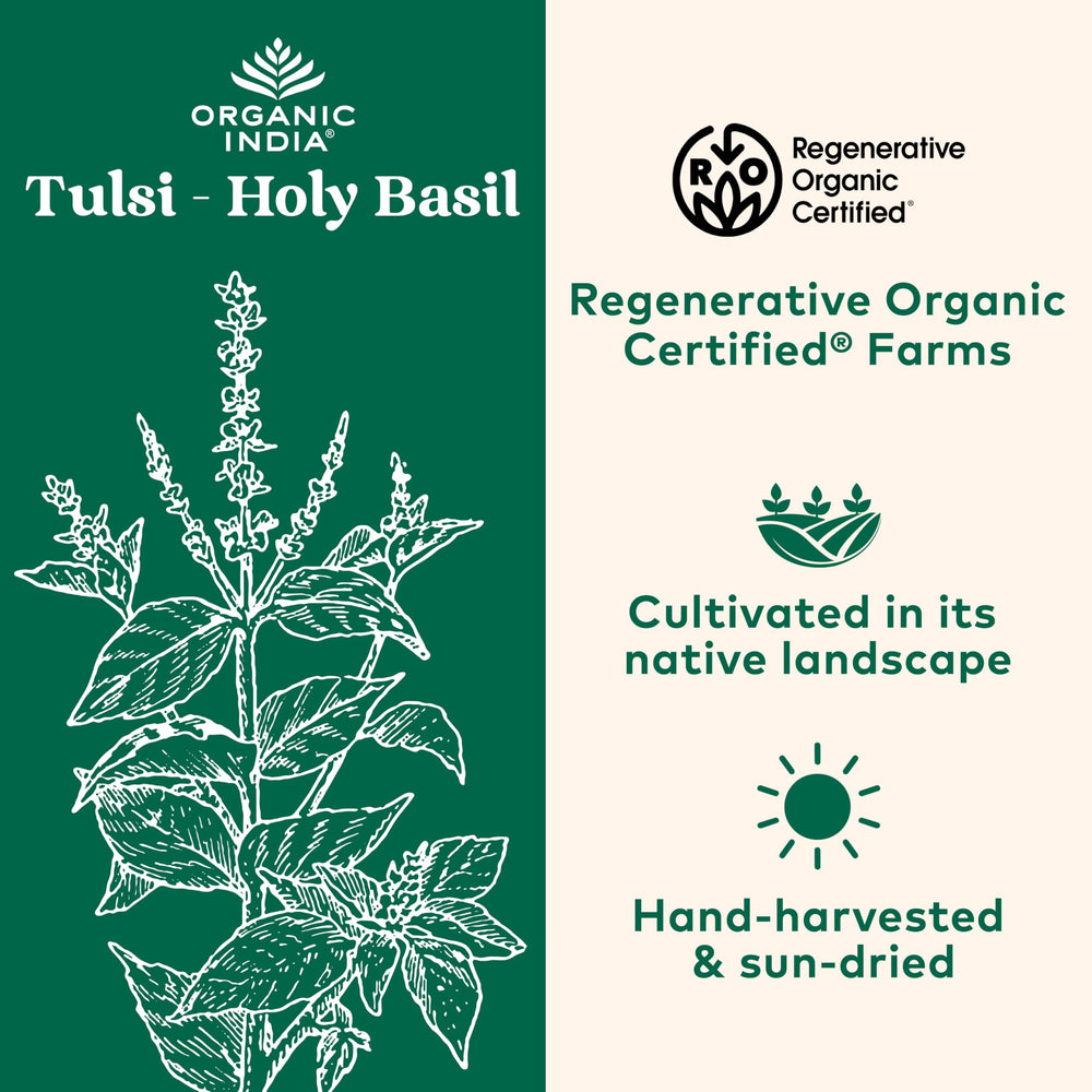Close-up of Organic India Tulsi capsules highlighting vegan formulation for everyday wellness.
