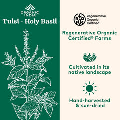 Close-up of Organic India Tulsi capsules highlighting vegan formulation for everyday wellness.