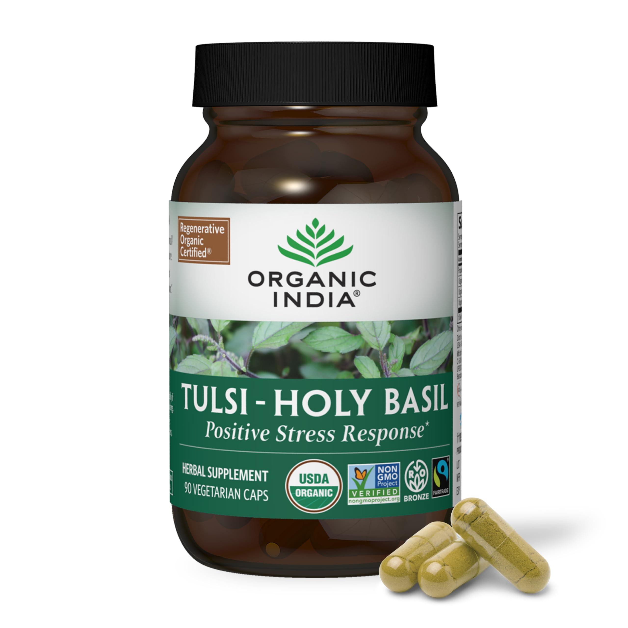 Organic India Tulsi herbal supplement bottle with capsules for daily immune support.