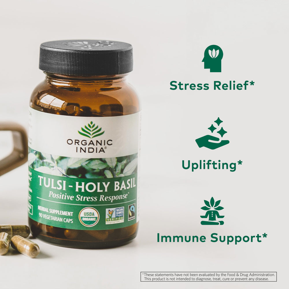 Organic India Tulsi label with USDA Organic certification and quality promise.
