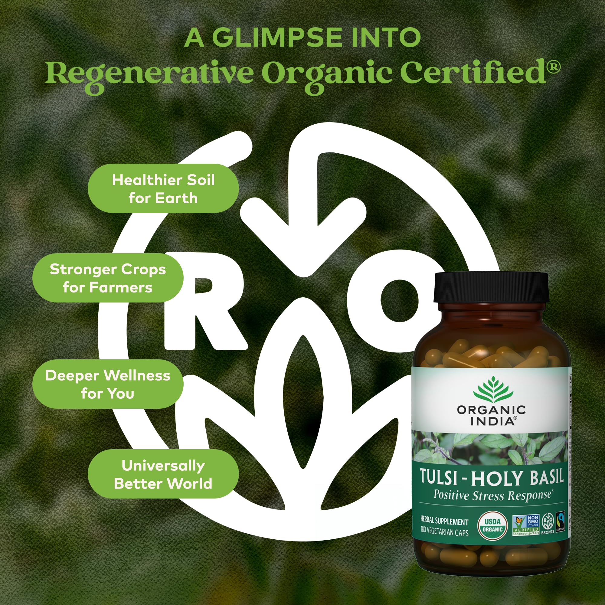 Organic India Tulsi leaves close-up highlighting natural, organic quality.