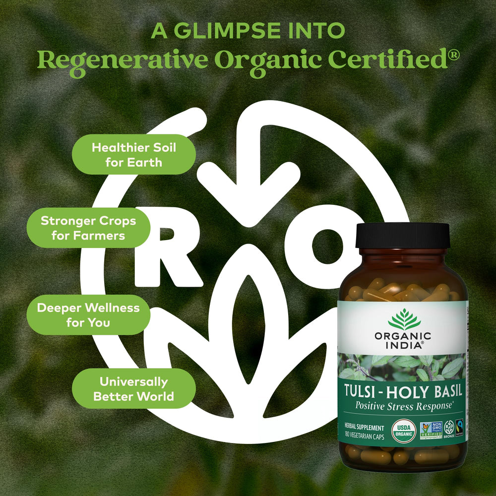 Organic India Tulsi leaves close-up highlighting natural, organic quality.