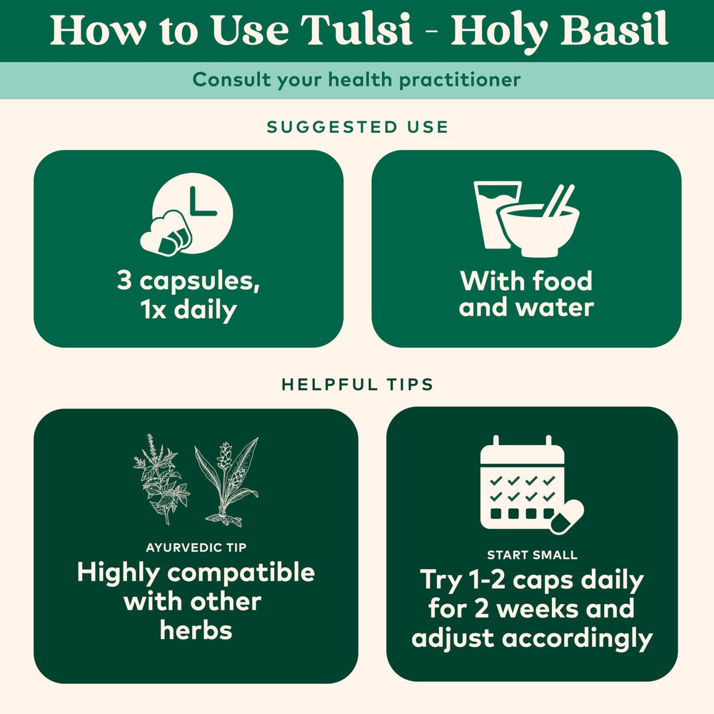Fresh Tulsi leaves from Organic India indicating high-quality herbal sourcing.