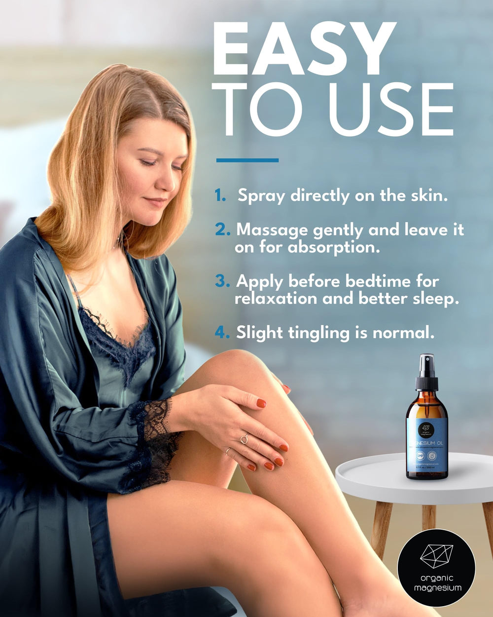 Organic Magnesium Oil Spray for post-workout use cools and relaxes tired legs.