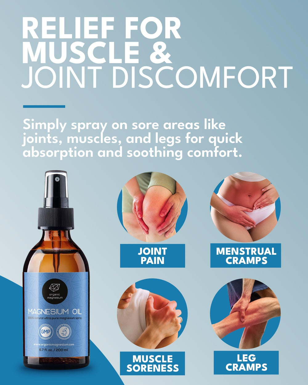 Organic Magnesium Oil Spray for sleep promotes calm muscles and restful nights.