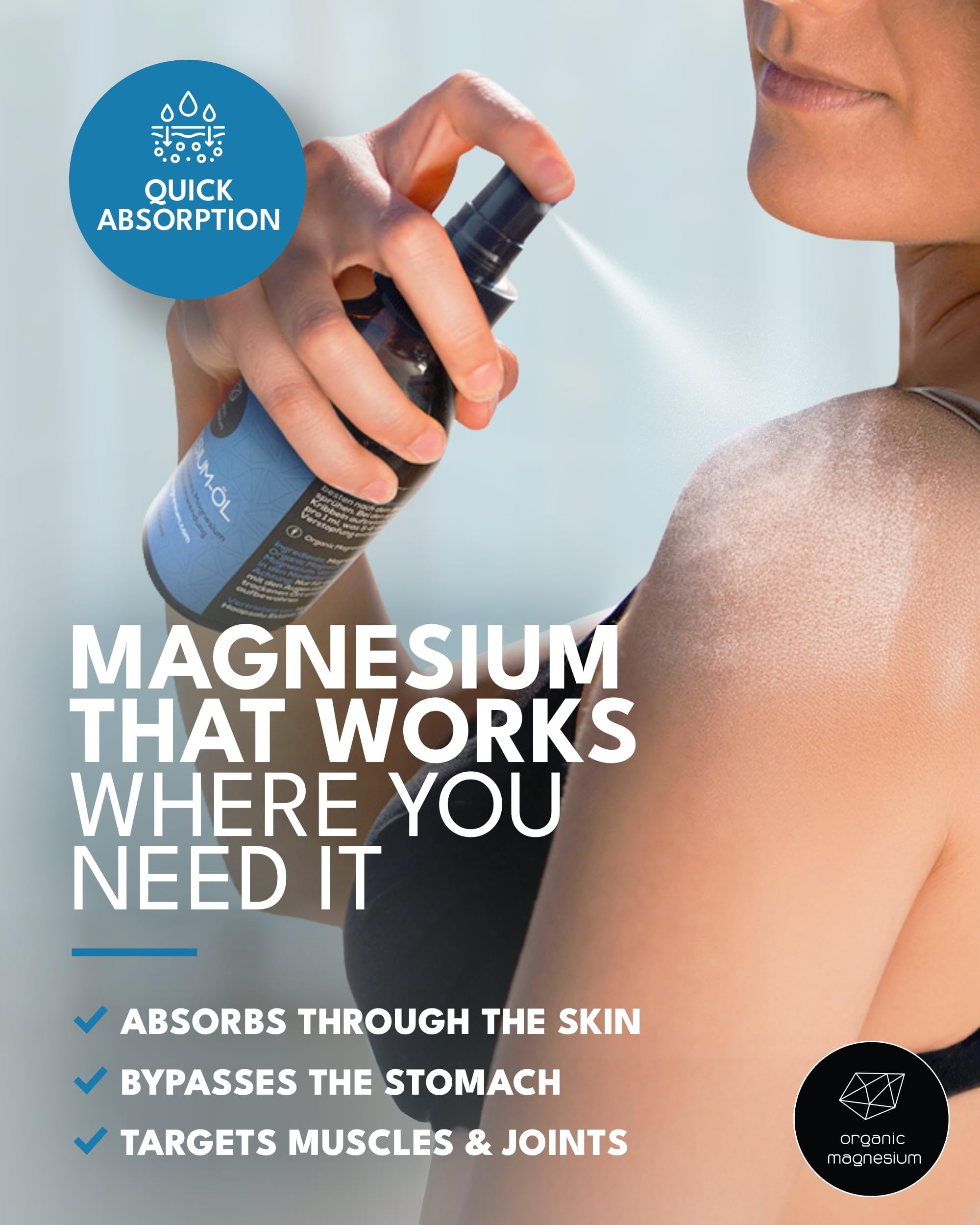 Organic Magnesium Oil Spray for sore muscles delivers cooling, fast-absorbing relief after workouts.