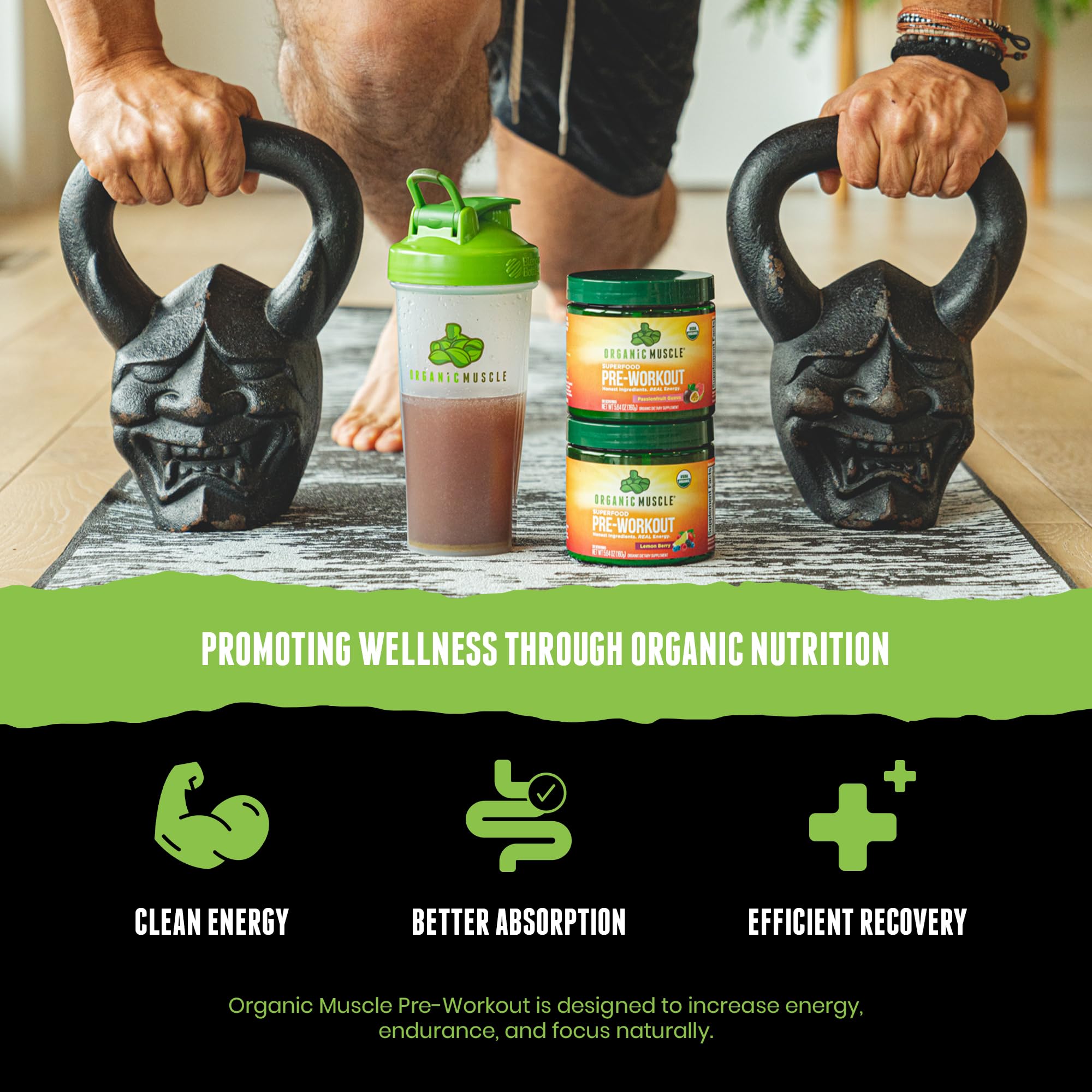 Organic Muscle ingredient panel showcases 20 organic superfoods for daily performance.