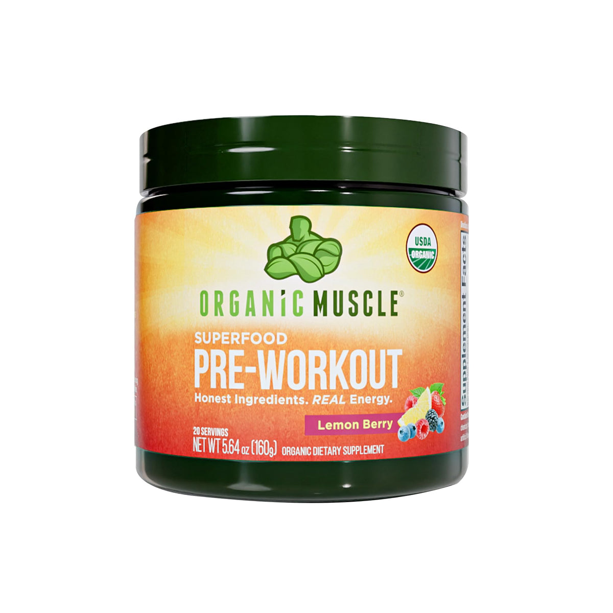 Organic Muscle Lemon Berry pre-workout powder tub highlights flavor for clean energy.