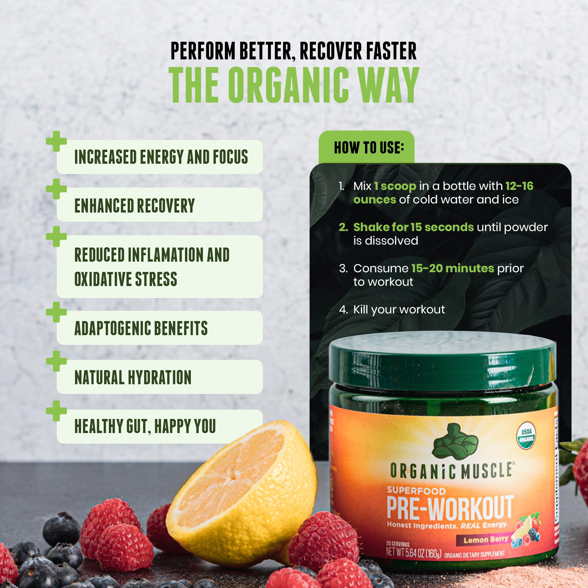Organic Muscle Lemon Berry scoop demonstrates portable serving for on-the-go fueling.