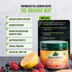 Organic Muscle Lemon Berry scoop demonstrates portable serving for on-the-go fueling.