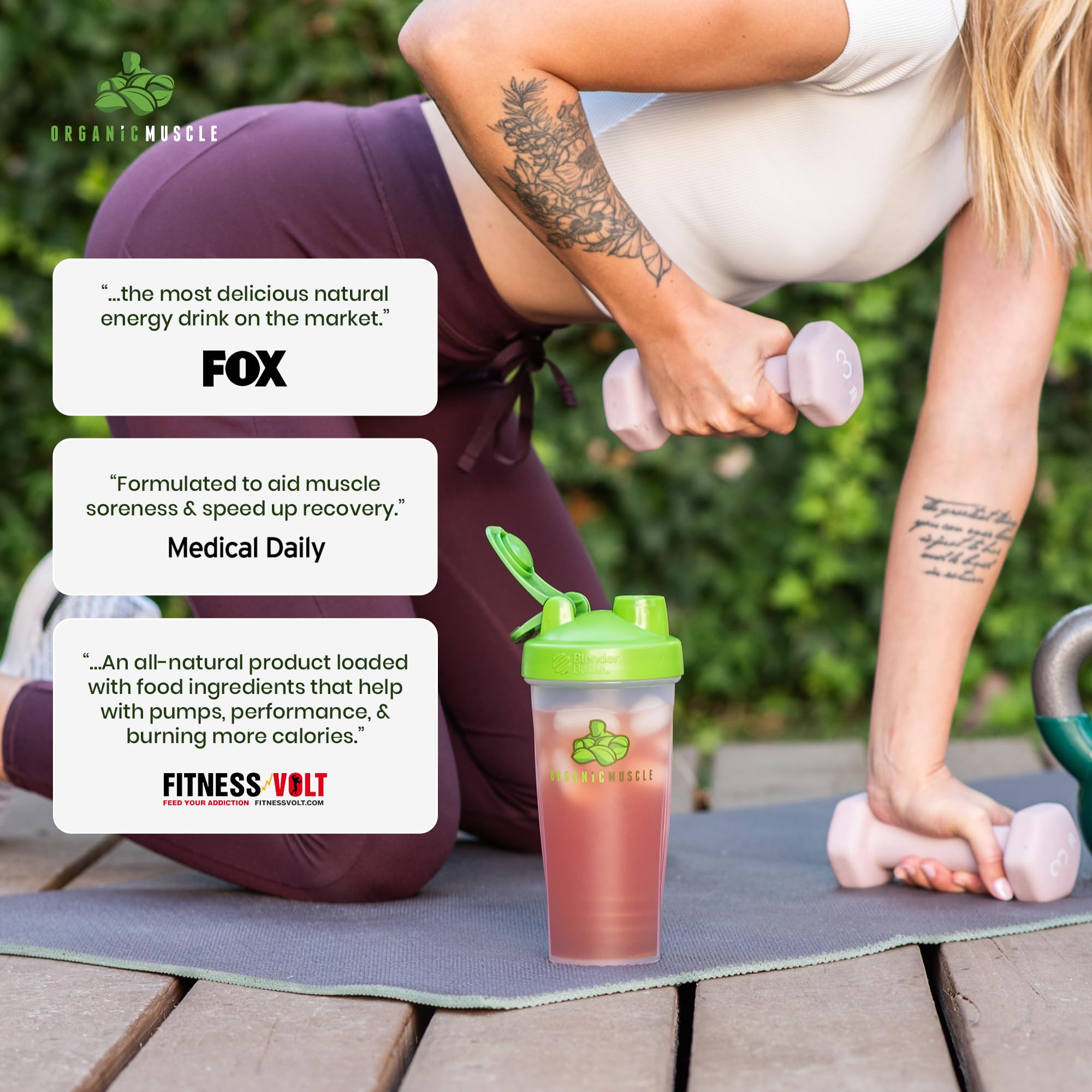 Organic Muscle Reds Powder glass with beverage and fresh fruits around it.