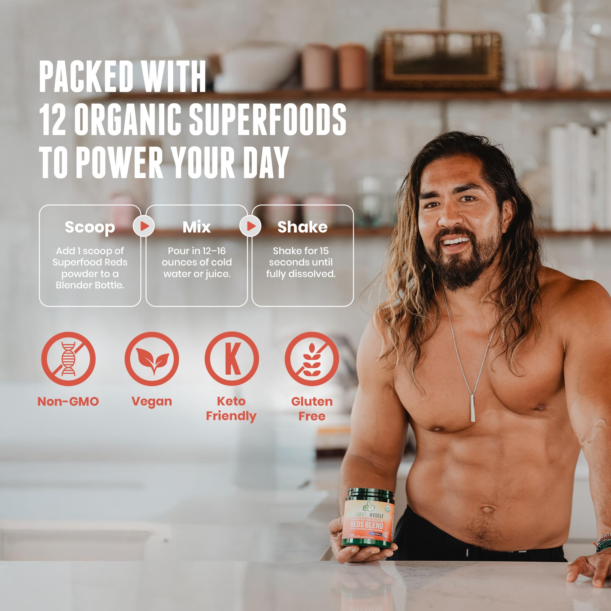 Organic Muscle Reds Powder label close-up showing organic, non-GMO ingredients.
