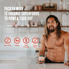 Organic Muscle Reds Powder label close-up showing organic, non-GMO ingredients.