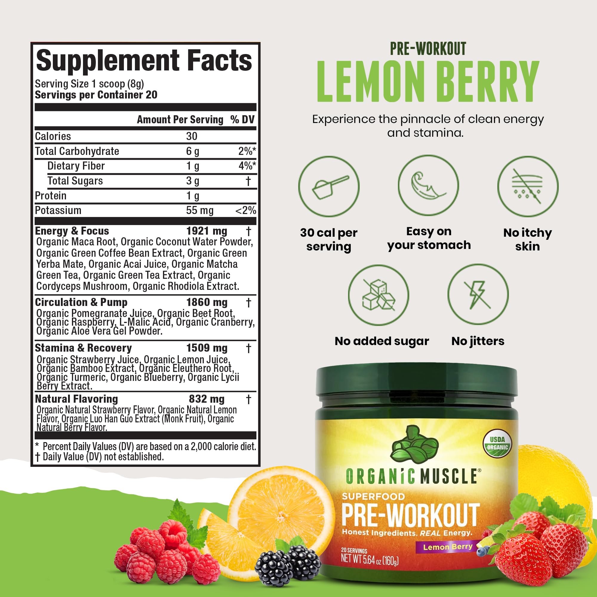 Organic Muscle USDA Organic badge emphasizes pure, non-GMO pre-workout formula.