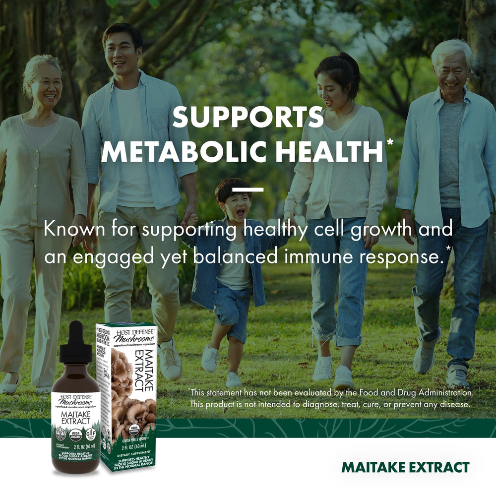 Organic Non-GMO Gluten-Free label on Host Defense Maitake Extract bottle.