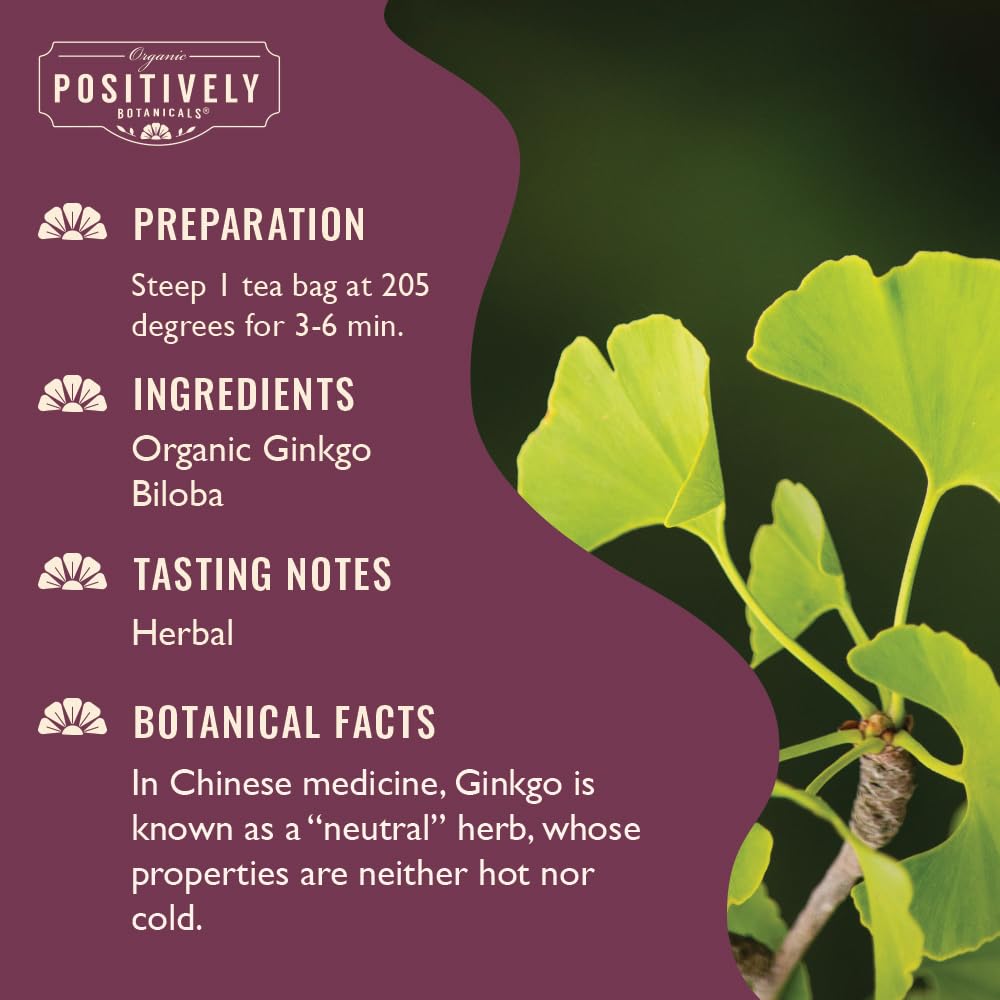Organic Positively Tea Company brewed ginkgo biloba tea in a cup for a calming moment.