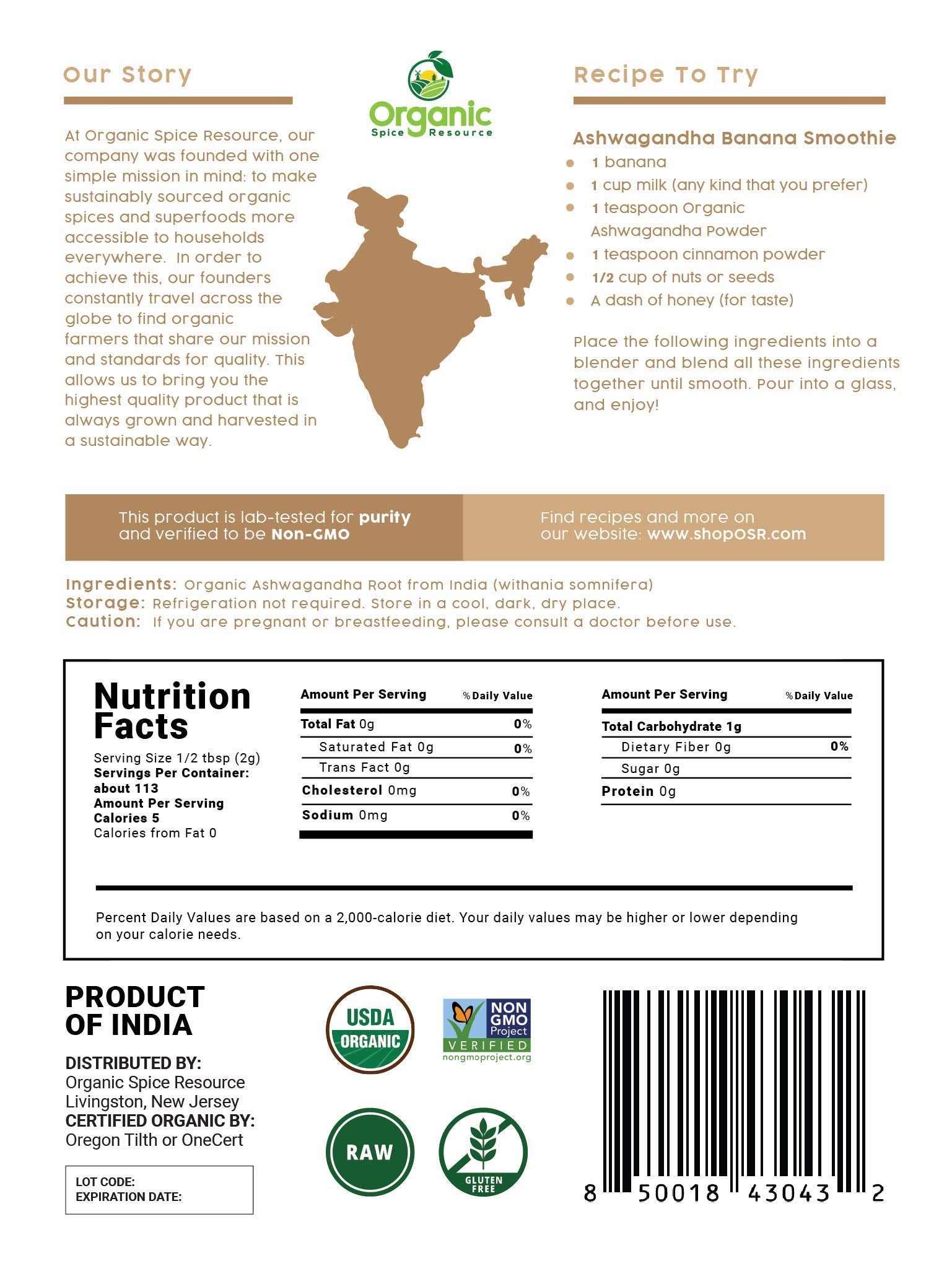 Organic Spice Resource ashwagandha powder kraft bag closeup emphasizes freshness and resealability