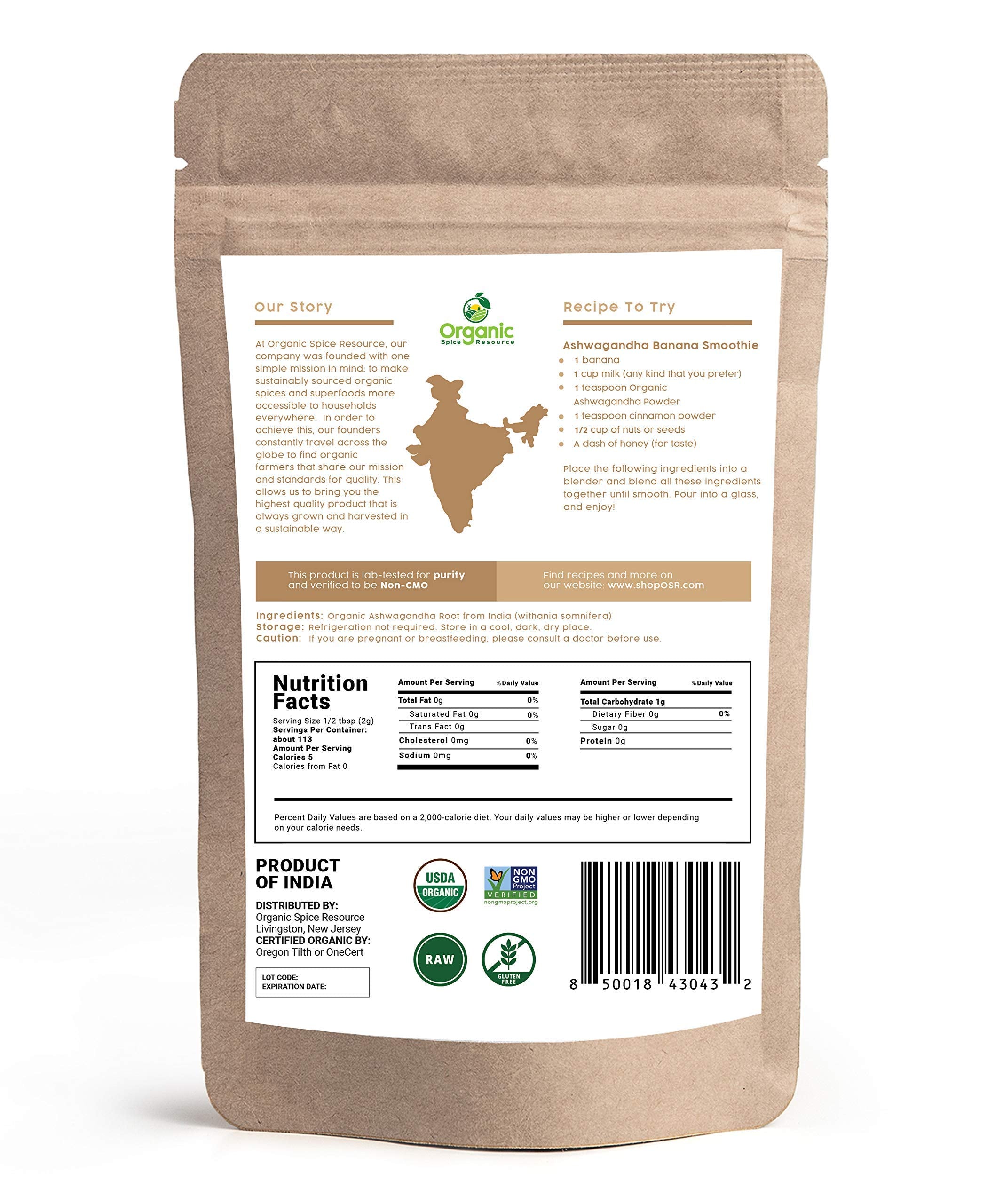 Organic Spice Resource ashwagandha powder label back highlights ingredients and non-GMO status