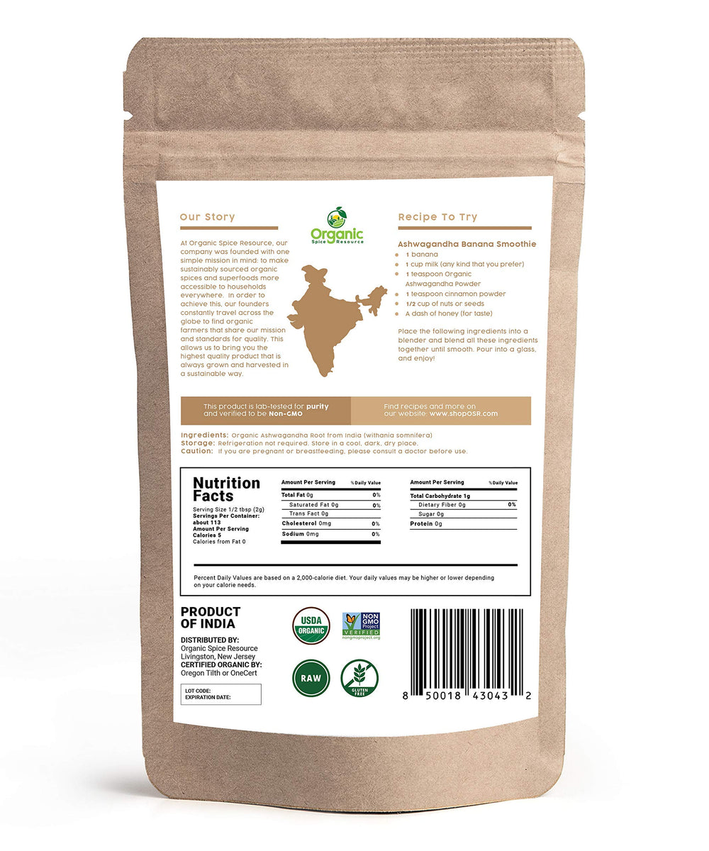 Organic Spice Resource ashwagandha powder label back highlights ingredients and non-GMO status