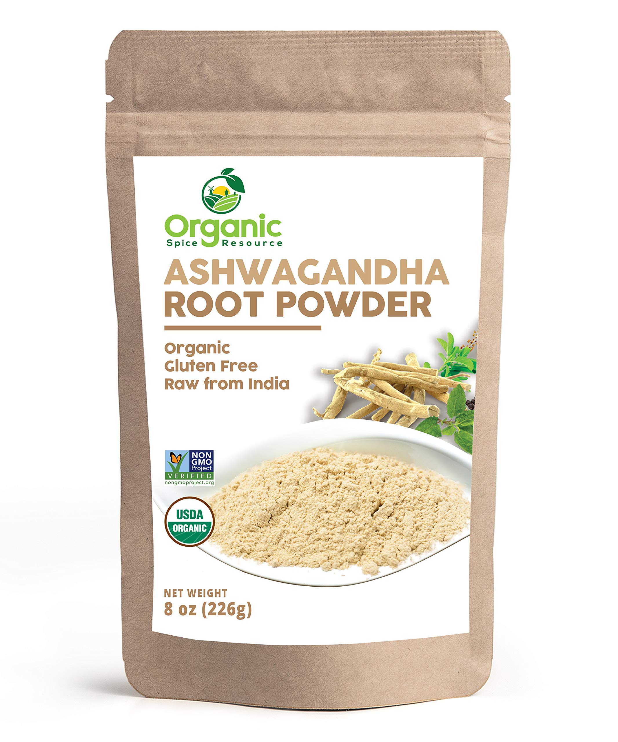 Organic Spice Resource ashwagandha powder pouch front shows fresh earthy aroma for daily routines
