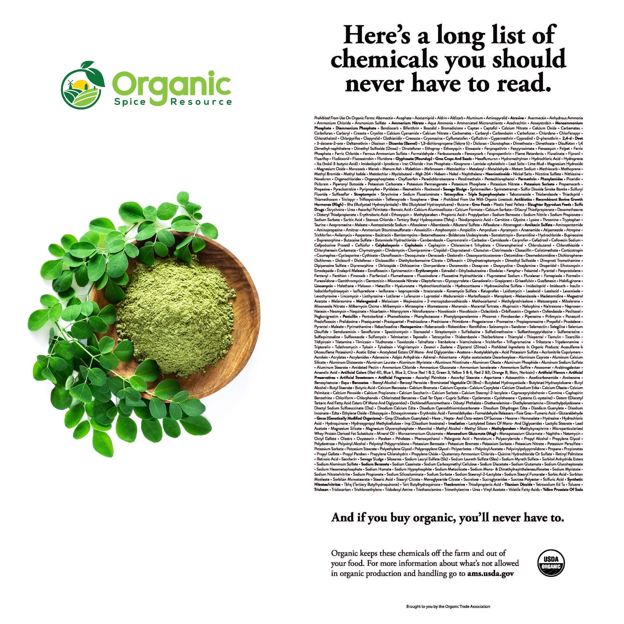 Organic Spice Resource Moringa powder packaging shows kosher and halal marks.