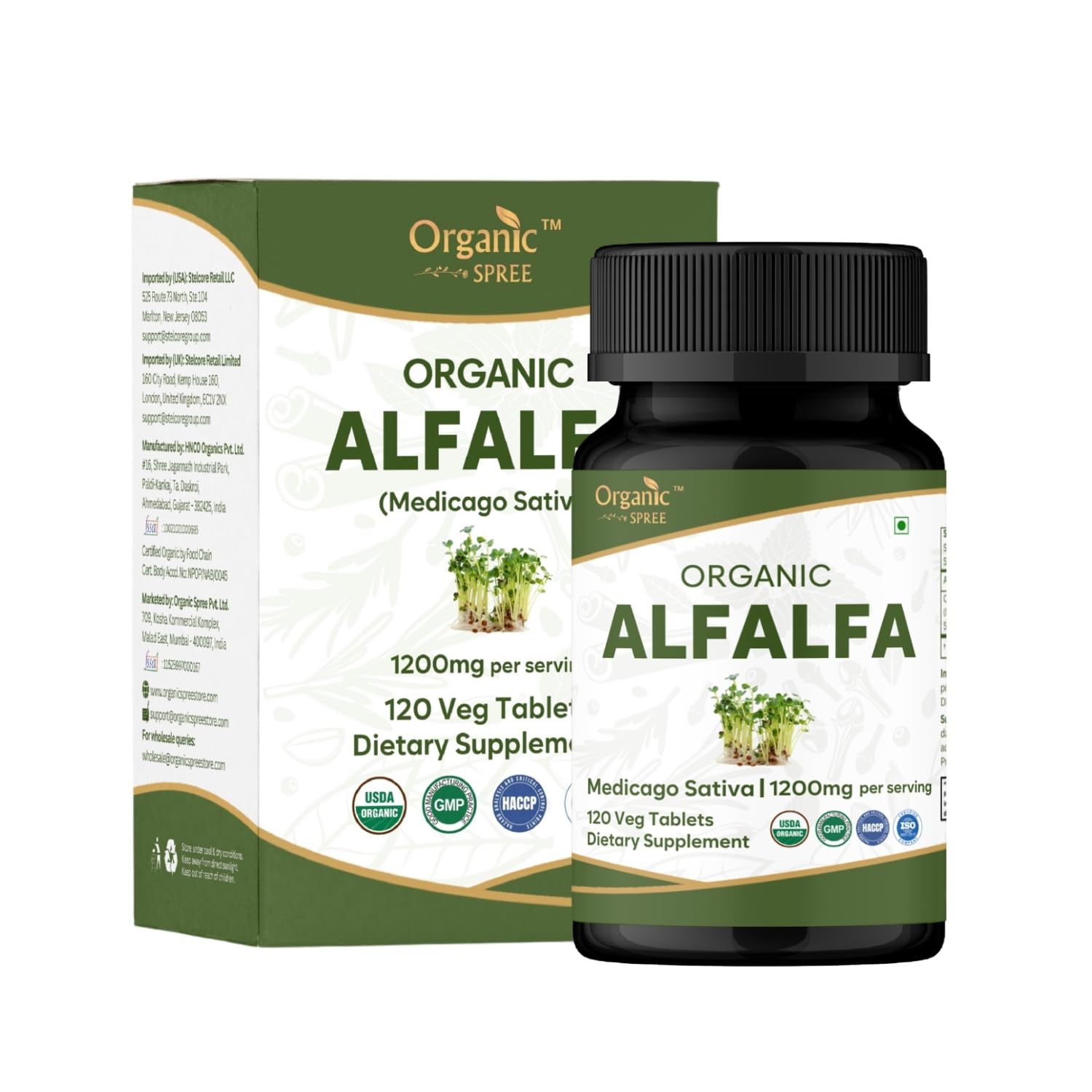 Organic Spree Alfalfa 120-count tablets for daily nutrition.