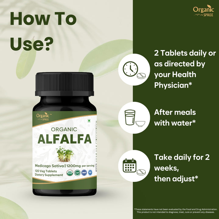 Organic Spree Alfalfa tablets label close-up highlighting organic certification