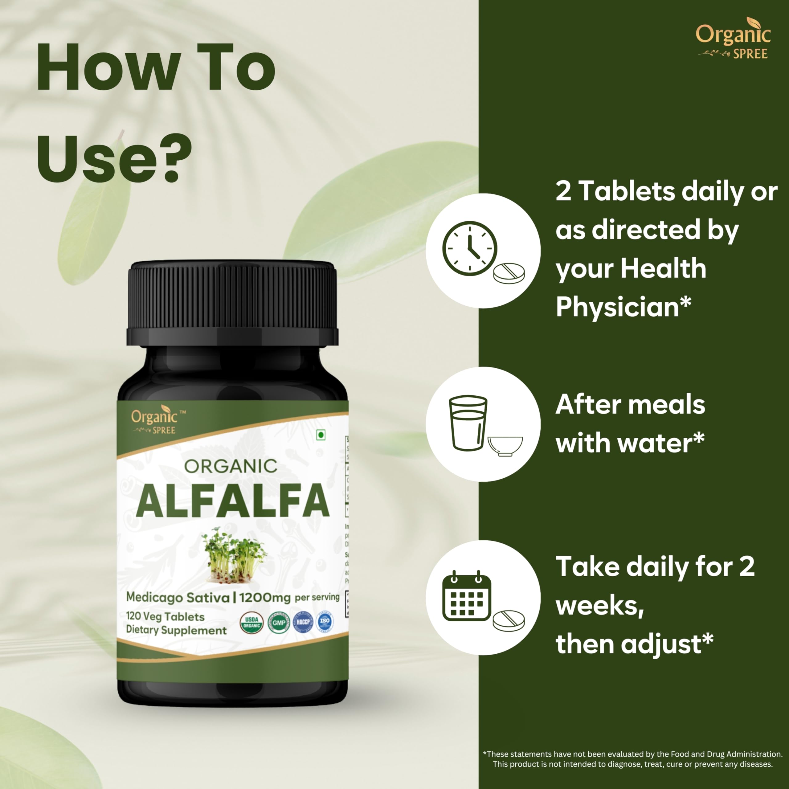 Organic Spree Alfalfa tablets icon indicates vegetarian-friendly option.
