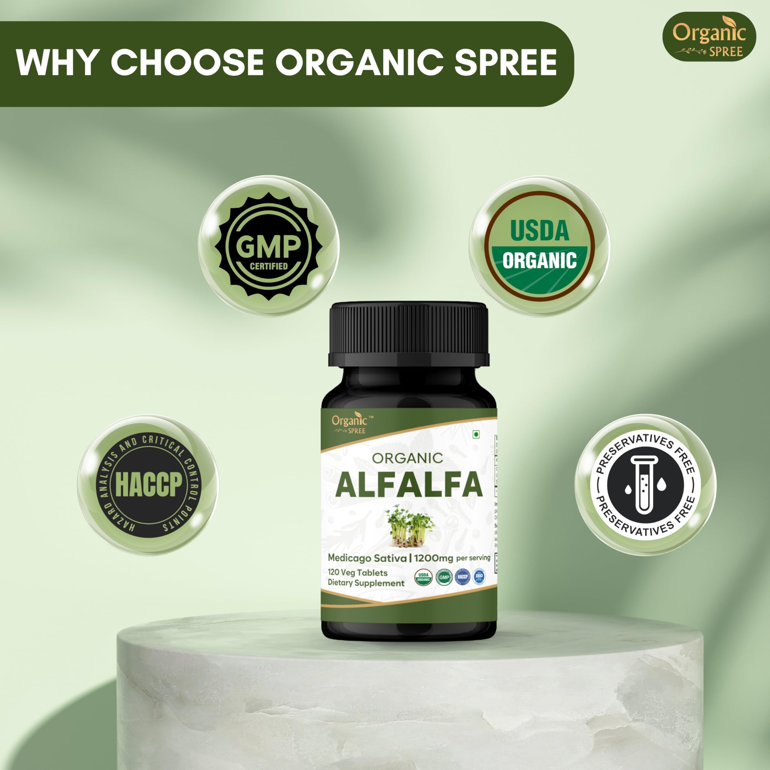 Illustration of vitamins and minerals in Organic Spree Alfalfa tablets