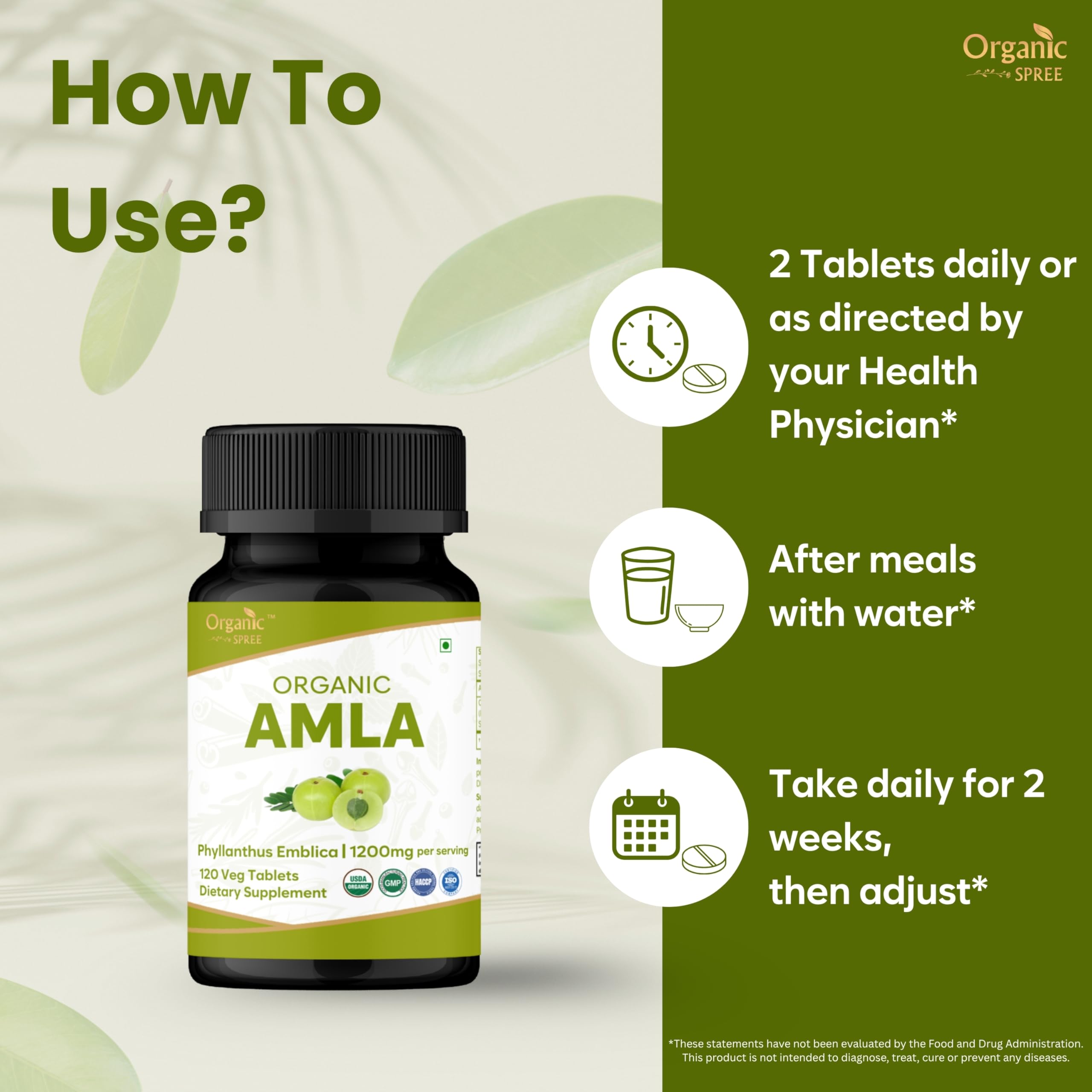Organic Spree Amla tablets label closeup showing USDA Organic certification
