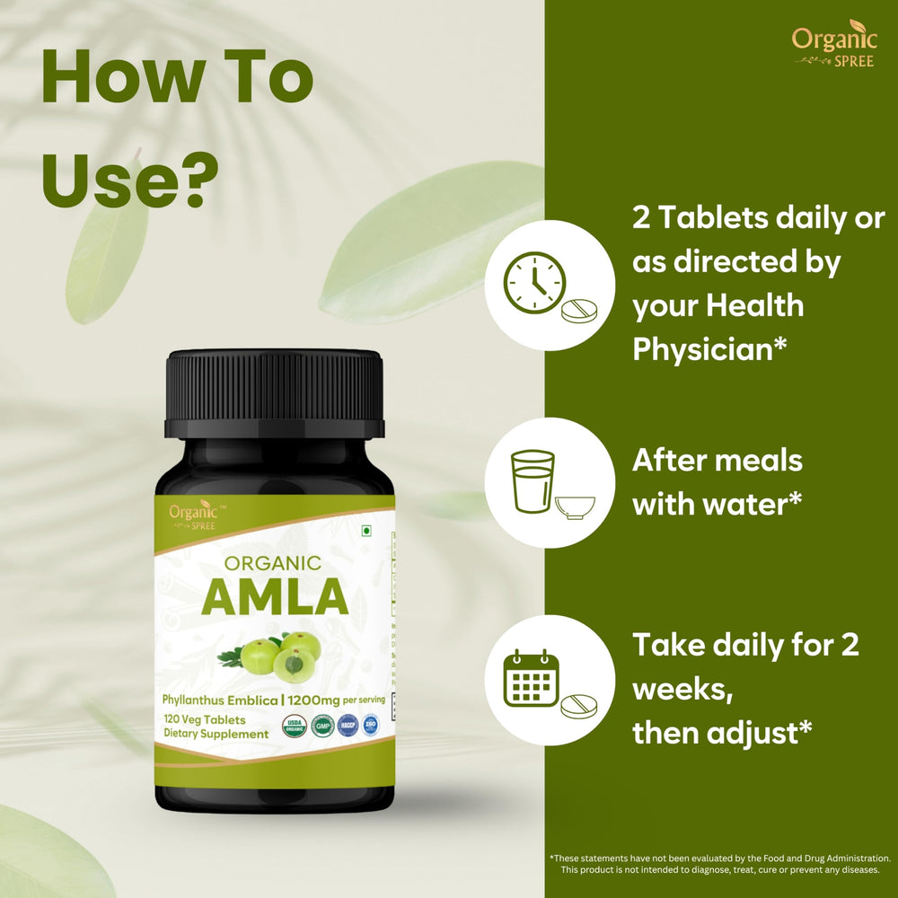 Organic Spree Amla tablets label closeup showing USDA Organic certification