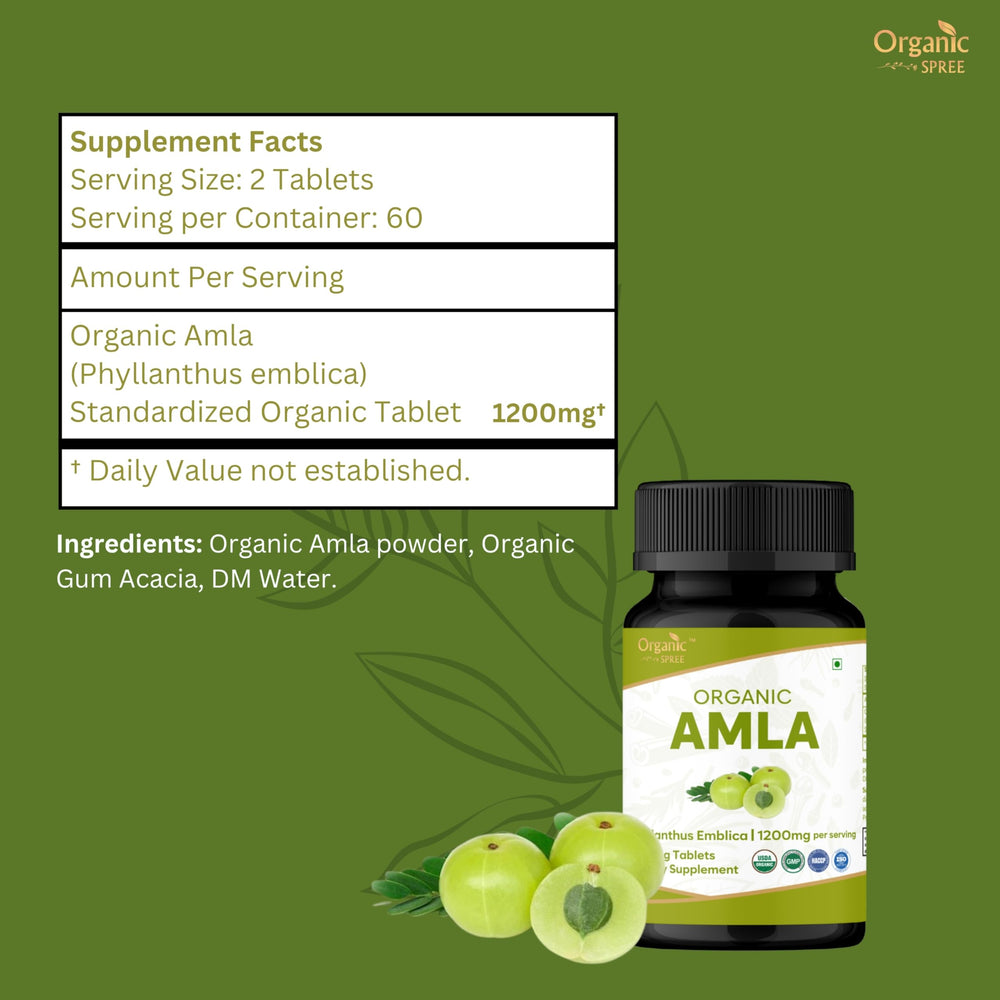 Organic Spree Amla tablets closeup of compact capsules for daily vitamin C