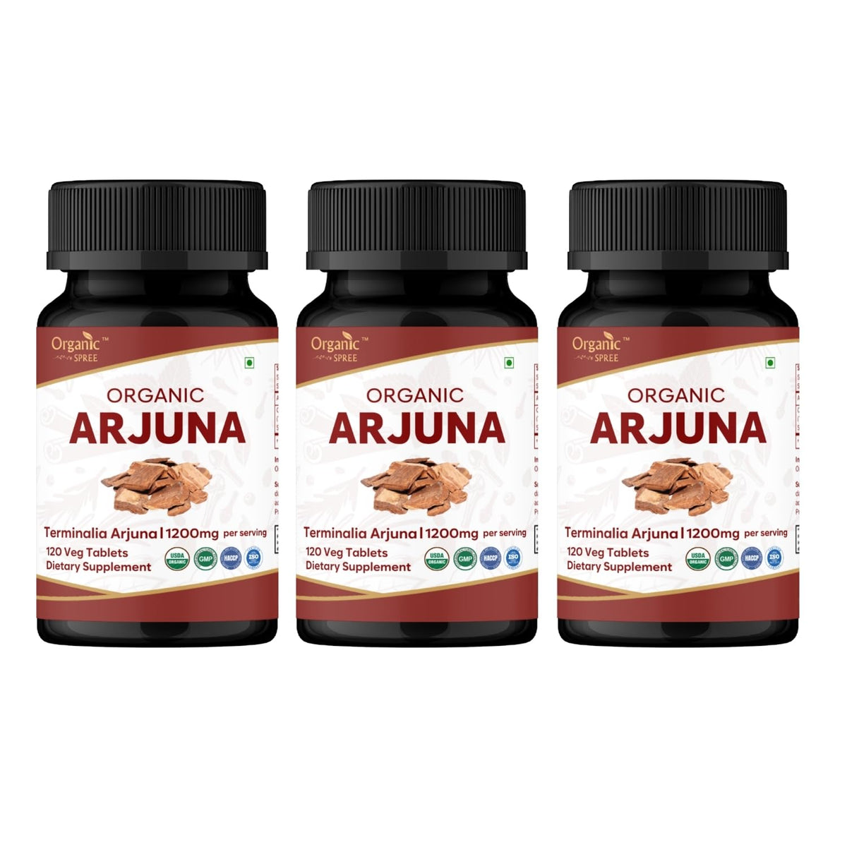 ORGANIC SPREE Arjuna bottle front displaying a heart-support supplement in clean packaging.