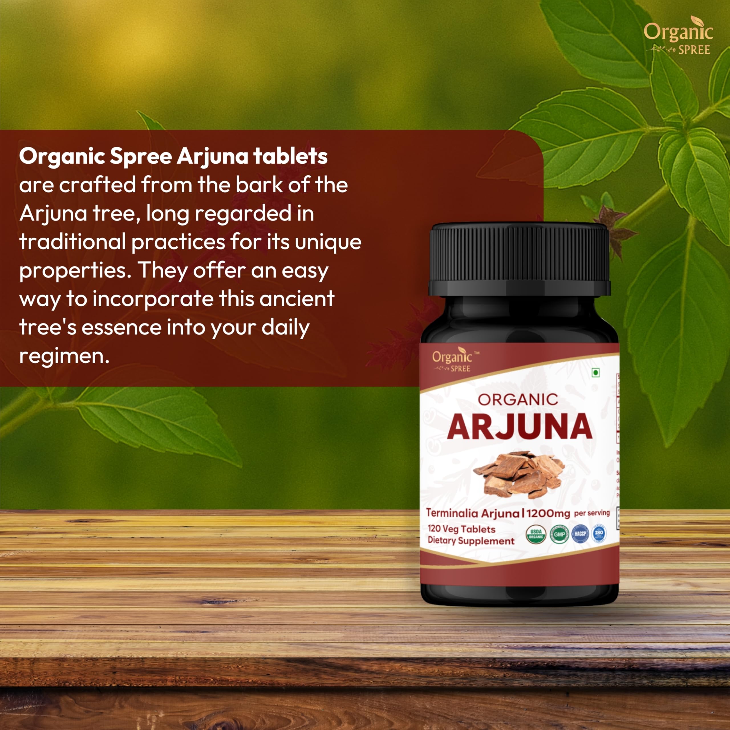 ORGANIC SPREE Arjuna bottle label highlights USDA Organic certification for purity.