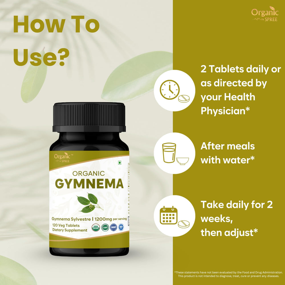 Organic Spree Gymnema tablets label highlights natural, GMO-free ingredients.