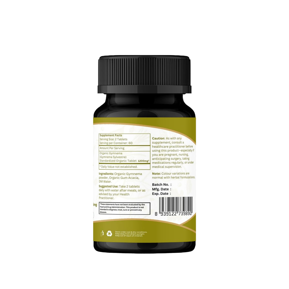 Organic Spree Gymnema tablets near a glass of water, suggesting easy daily consumption.