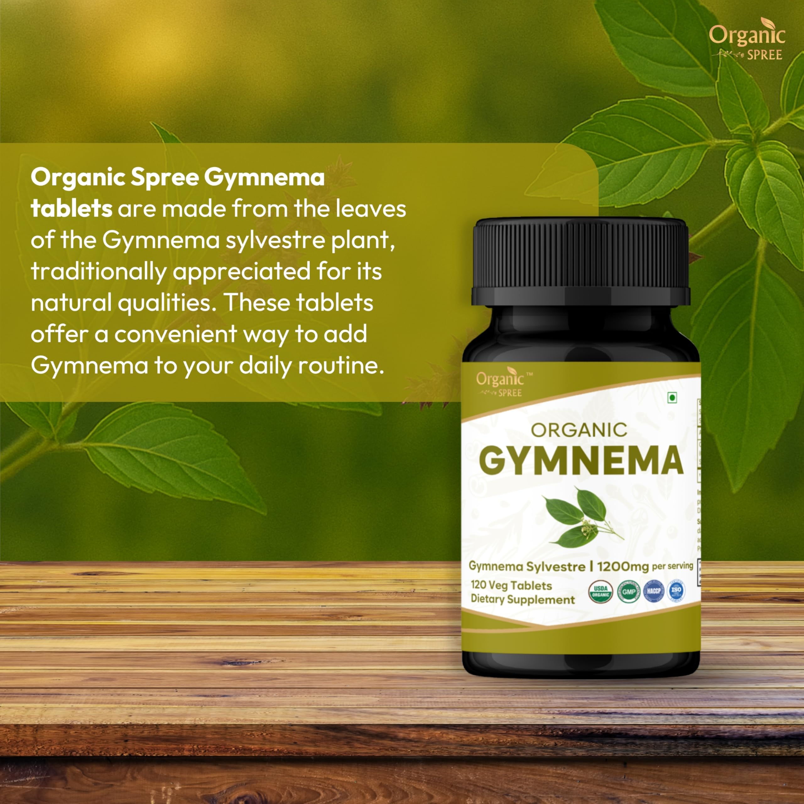 Organic Spree Gymnema tablets packaging highlights vegan-friendly, ingredient-conscious supplement.