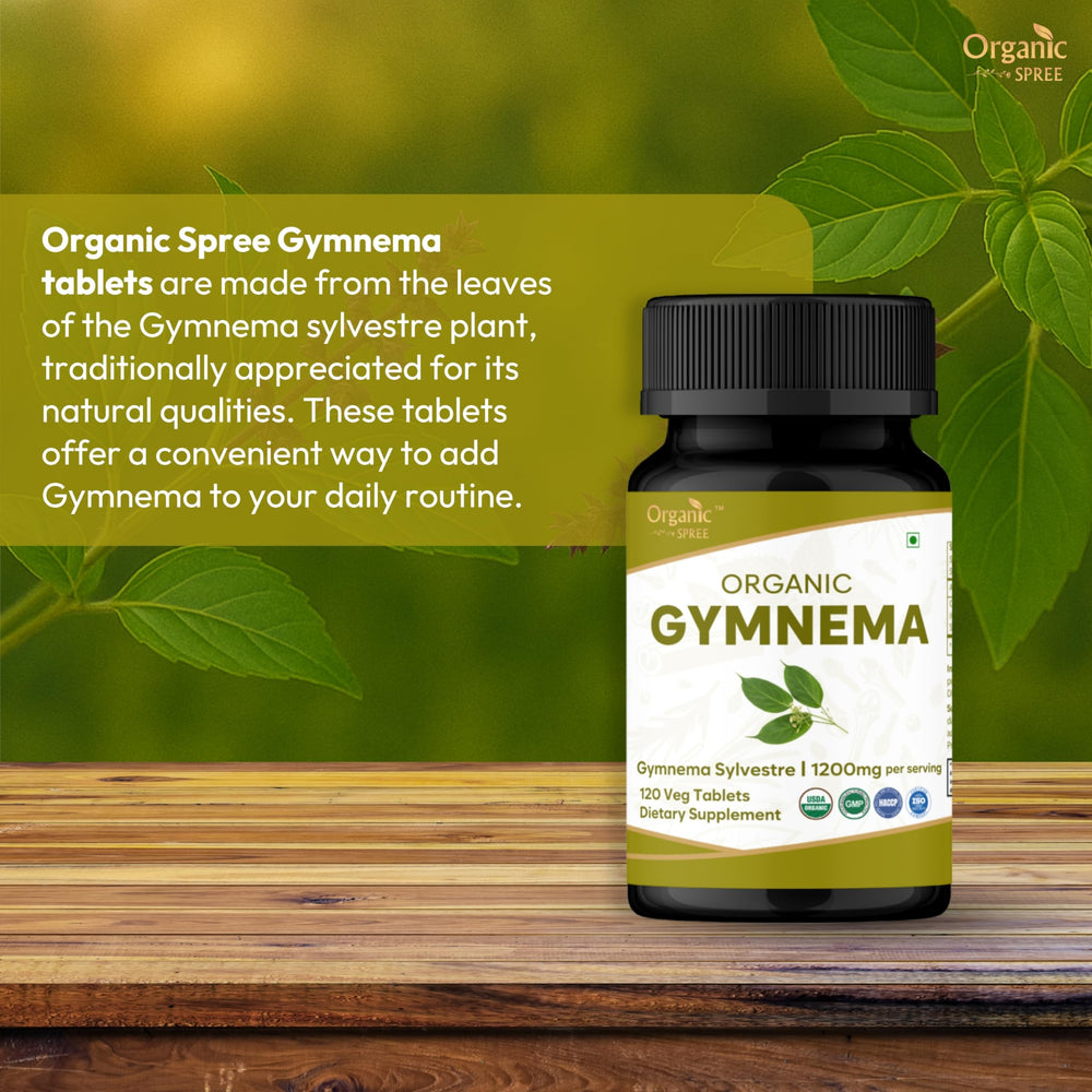 Organic Spree Gymnema tablets packaging highlights vegan-friendly, ingredient-conscious supplement.
