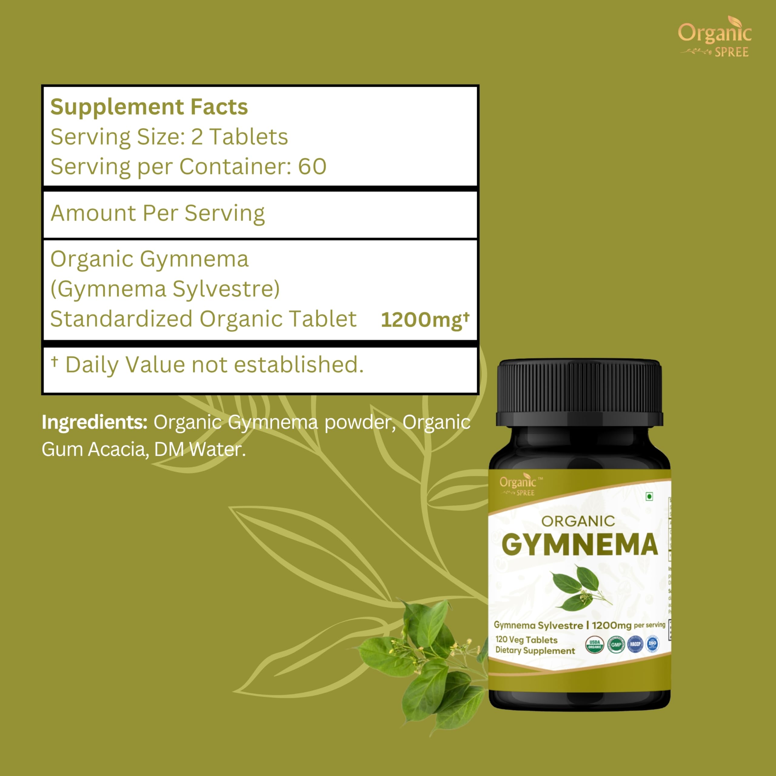 Organic Spree Gymnema tablets being poured for convenient daily intake.
