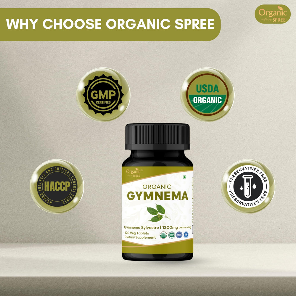 Organic Spree Gymnema tablets next to educational brochure about herbal tradition.