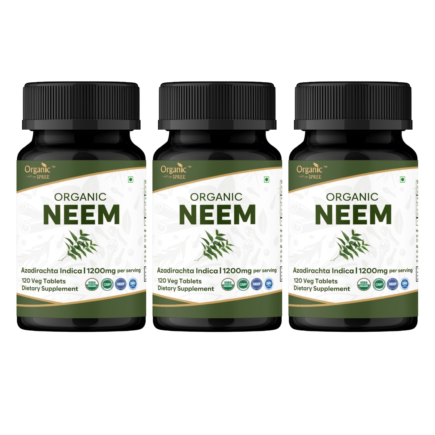 Organic Spree Neem bottle close-up showing 120 tablets for potential skin support