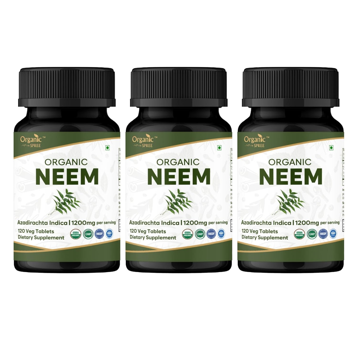Organic Spree Neem bottle close-up showing 120 tablets for potential skin support