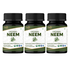 Organic Spree Neem bottle close-up showing 120 tablets for potential skin support