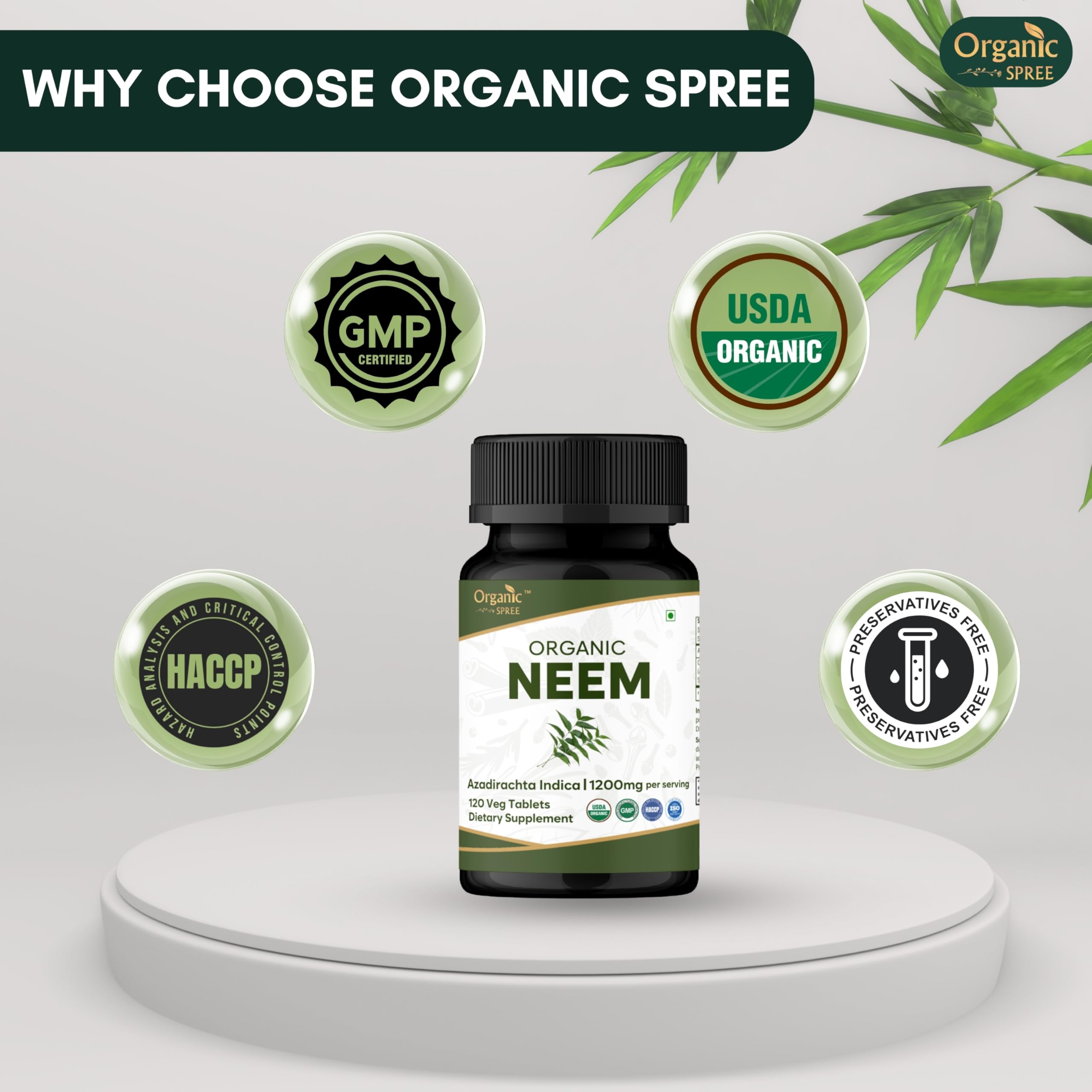 Organic Spree Neem tablets on plain surface emphasize plant-based nutrition for daily use