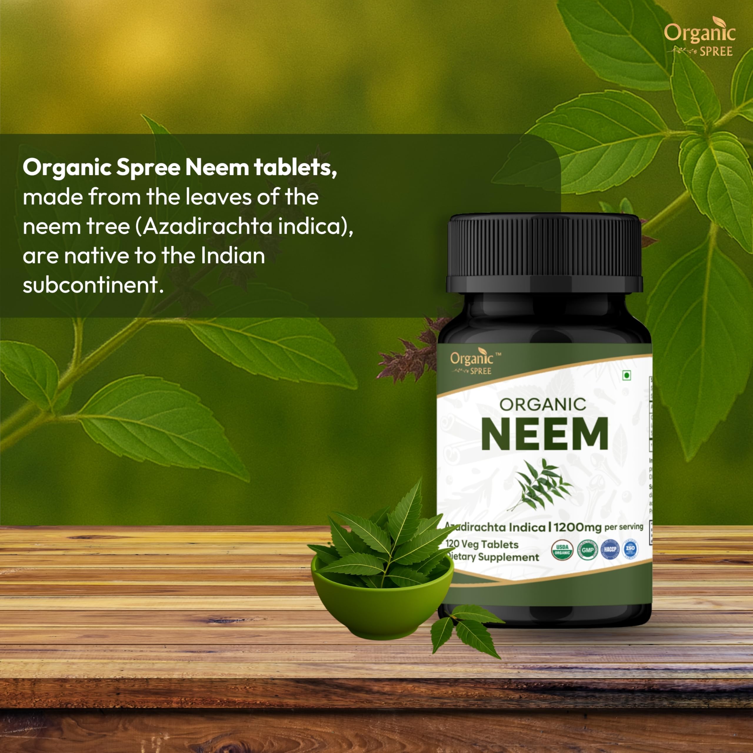 Organic Spree Neem tablets stacked, illustrating convenient daily wellness supplementation