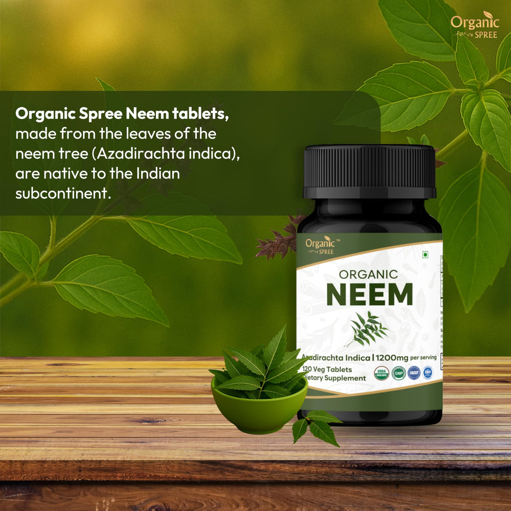 Organic Spree Neem tablets stacked, illustrating convenient daily wellness supplementation